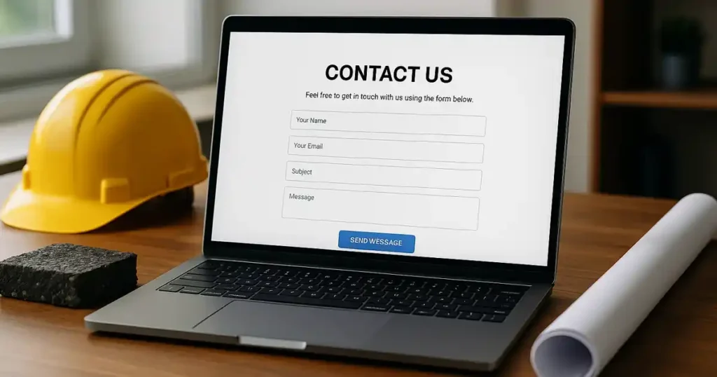 Laptop showing a contact us form with a yellow hard hat, asphalt sample, and blueprint on a wooden desk-Asphalt Calculator App
